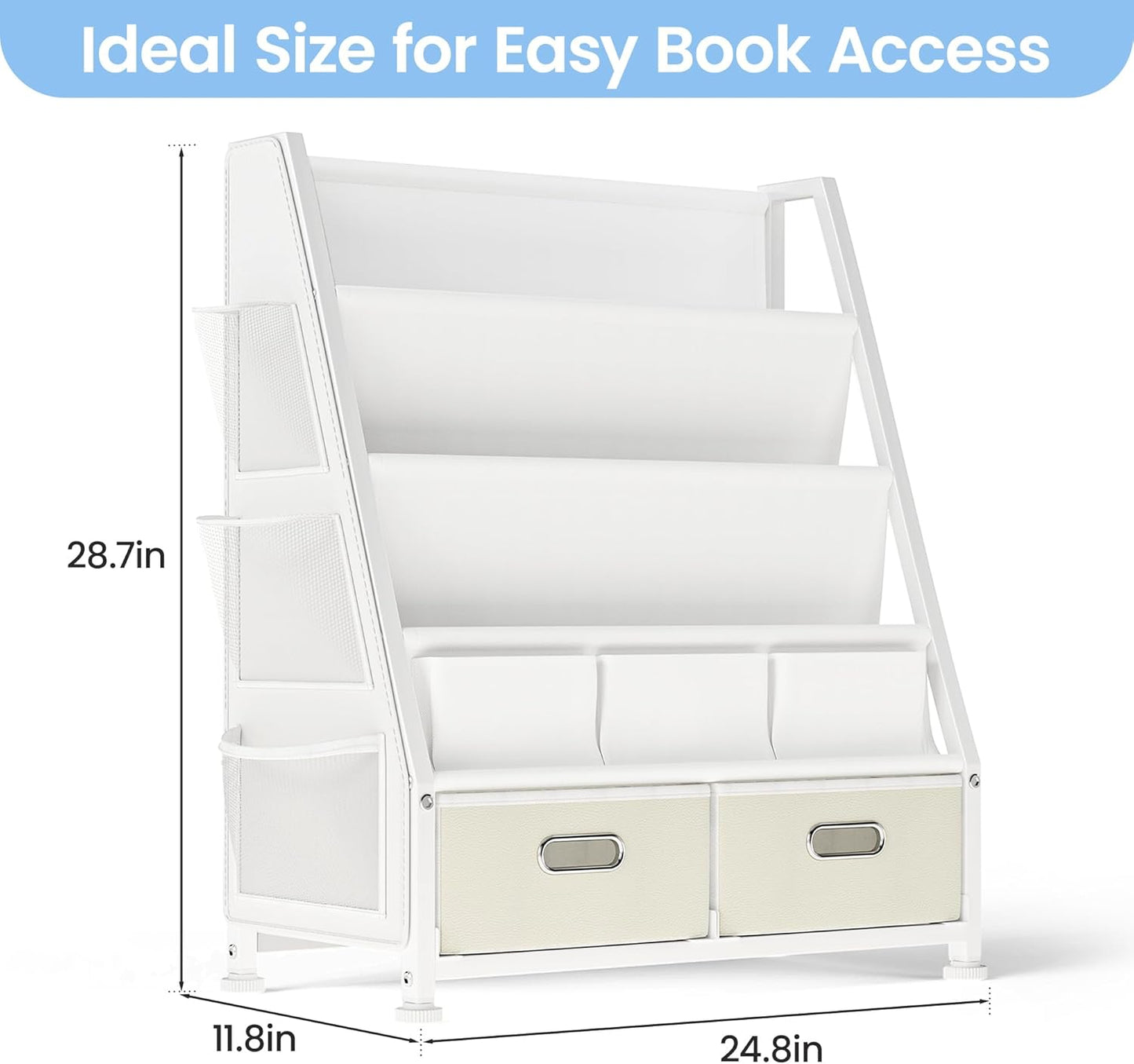 Kids Bookshelf and Toy Storage: Sling Book Shelf for Kids Room with 2 Storage Bins to Books and Toys Organizer, 3-Tier Toddler Bookshelf with 3 Side Pockets for Nursery, Bedroom, Playroom
