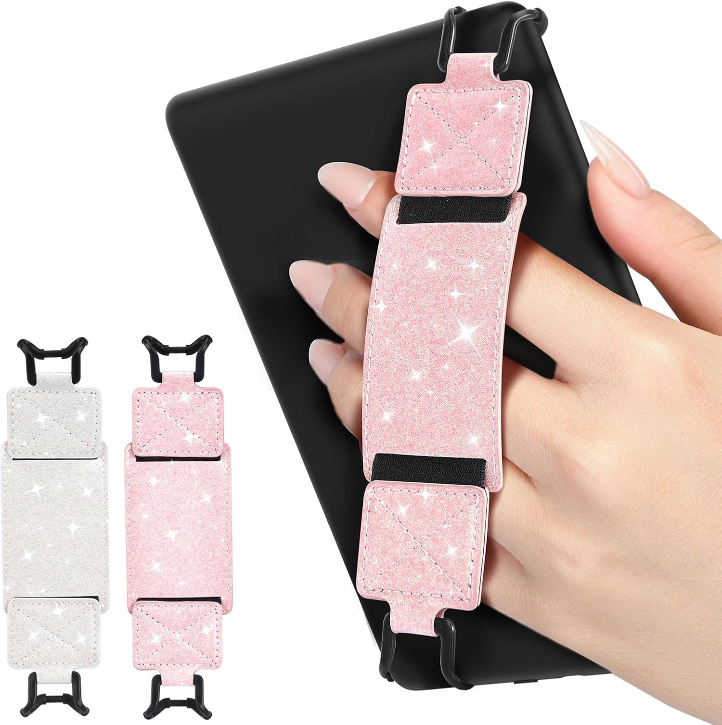 MoKo 2 Pack Security Hand Strap for 6-8" Kindle eReaders Fire Tablet-Kindle/Kobo/Voyaga/Lenovo/Sony E-Book Tablet,High-Elasticity Versatile Hand Strap Lightweight Finger Grip Holder, Shiny Pink White