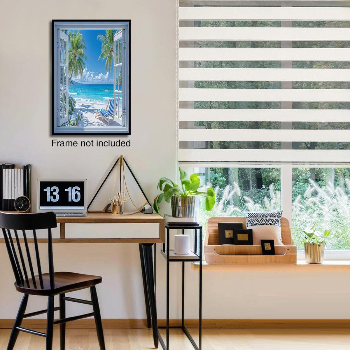 GDJSMIN Realistic White Window Wall Art, Beach View With Palm Trees Poster for Reading Room Living Room Decor 12x 16 inch Unframed