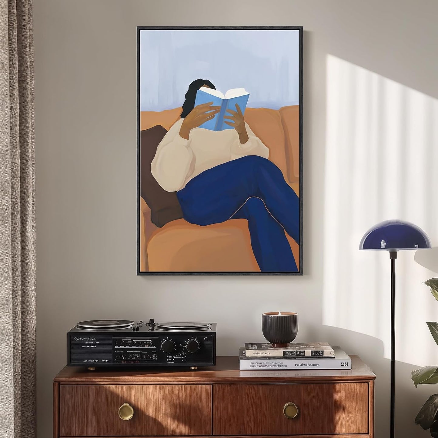 Framed Black Woman Reading Wall Art for Living Room, Modern Funny Blue Book Brown Canvas Picture Artwork, Funny Portrait Painting Prints for Dining Room Hallway Home Office Wall Decor, 24x36 Inch
