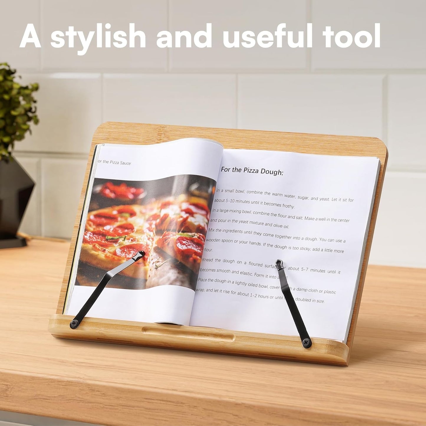 H&S Bamboo Recipe Book Holder - Foldable & Portable Cookbook Stand for Desk - Adjustable Holder for Reading in Bed or Kitchen - Cook Book Stand for Kitchen Counter