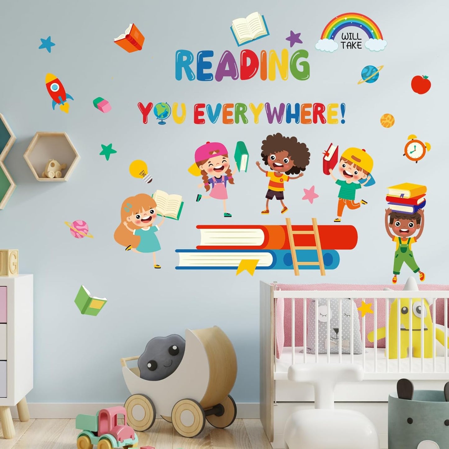 Reading Everywhere Wall Stickers - Inspirational Quotes Rainbow Book Wall Decals - Baby Nursery Kids Room Daycare Playroom Classroom Wall Decor (Read)
