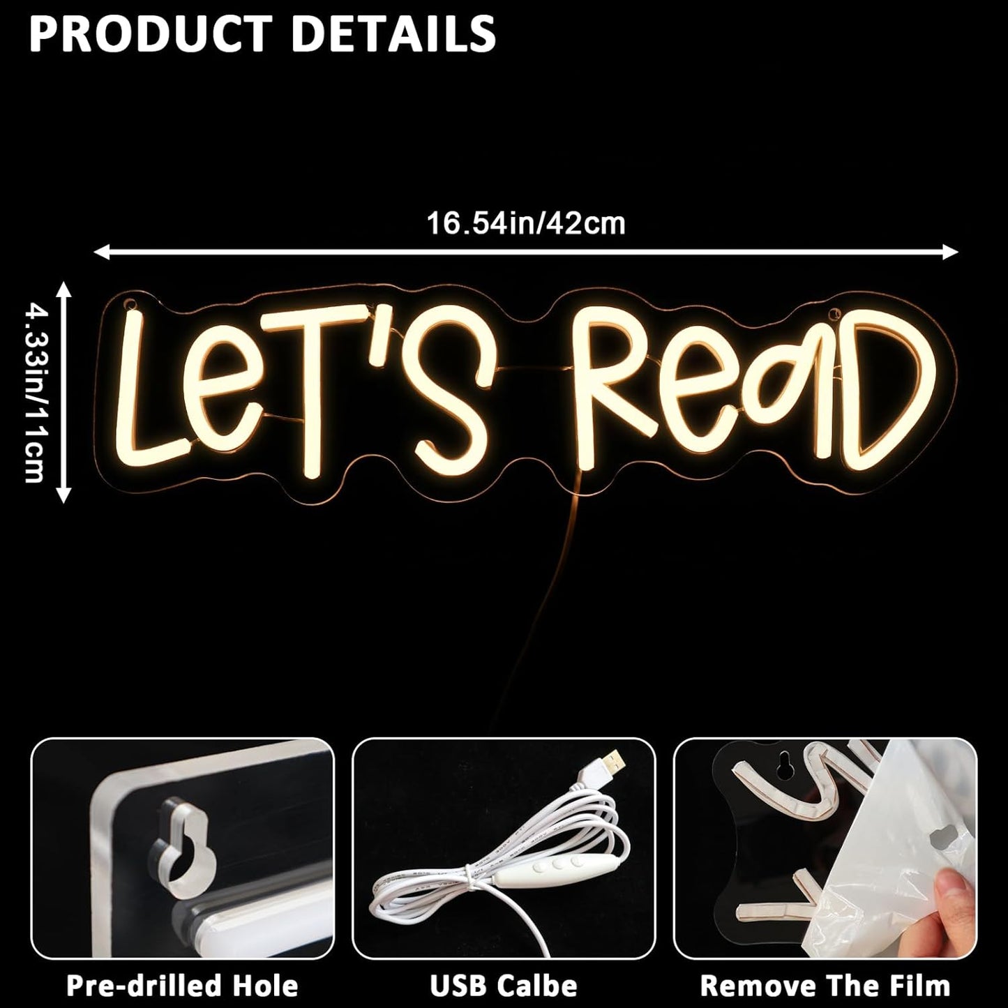 Let's Read Neon Sign for Wall Decor, Reading Led Signs for Library, USB Dimmable Book Neon Lights for Classroom Reading Corner Bedroom Study Room Home Book Club Motivational Wall Art