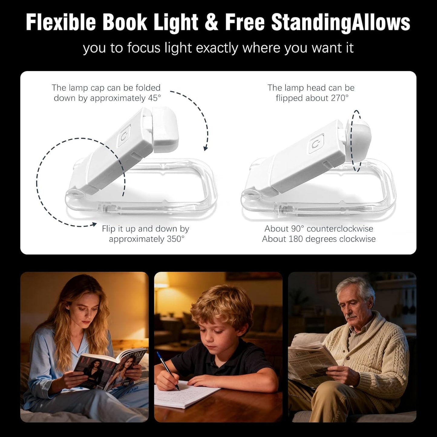 12 Pack Reading Light,Rechargeable Book Light for Reading in Bed, Eye Caring 3 Color Temperatures,Compact Size Clip on Book Lamp for Book Lovers Kids Adults（White）
