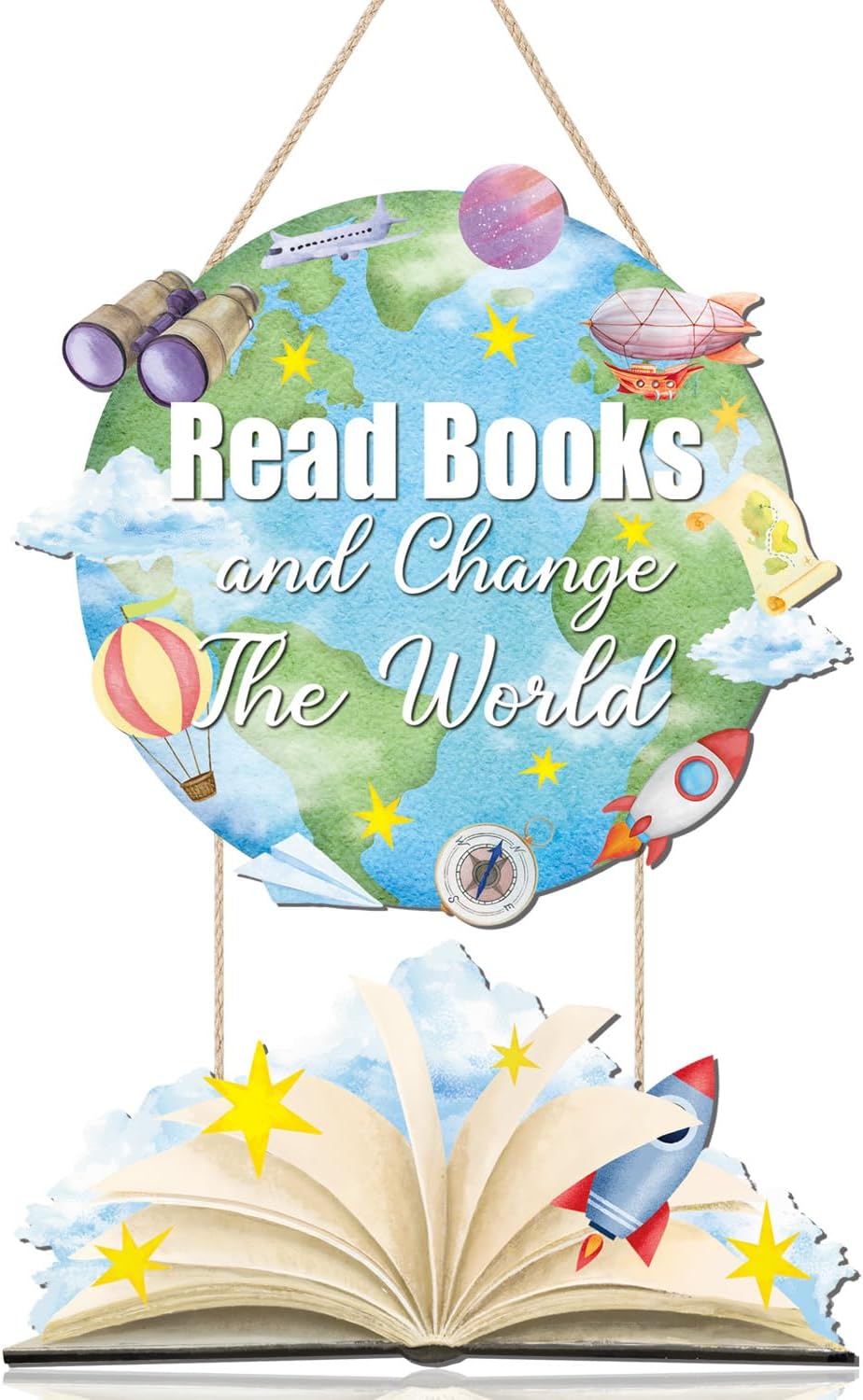 TOARTi Read Books and Change The World Motivational Sign Hanging(11.4''x16.2''), Rustic Reading Corner Classroom Library Wall Decor, Inspirational Reading Sign Plaque Gift for Book Reading Lover Kids