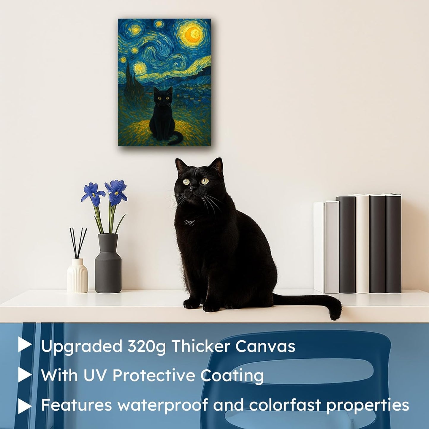 Madewell Living Van Gogh Starry Night with Funny Cat Canvas Print Wall Art (8x10 inch) - Ready to Hang, Waterproof Living Room & Bedroom Decor