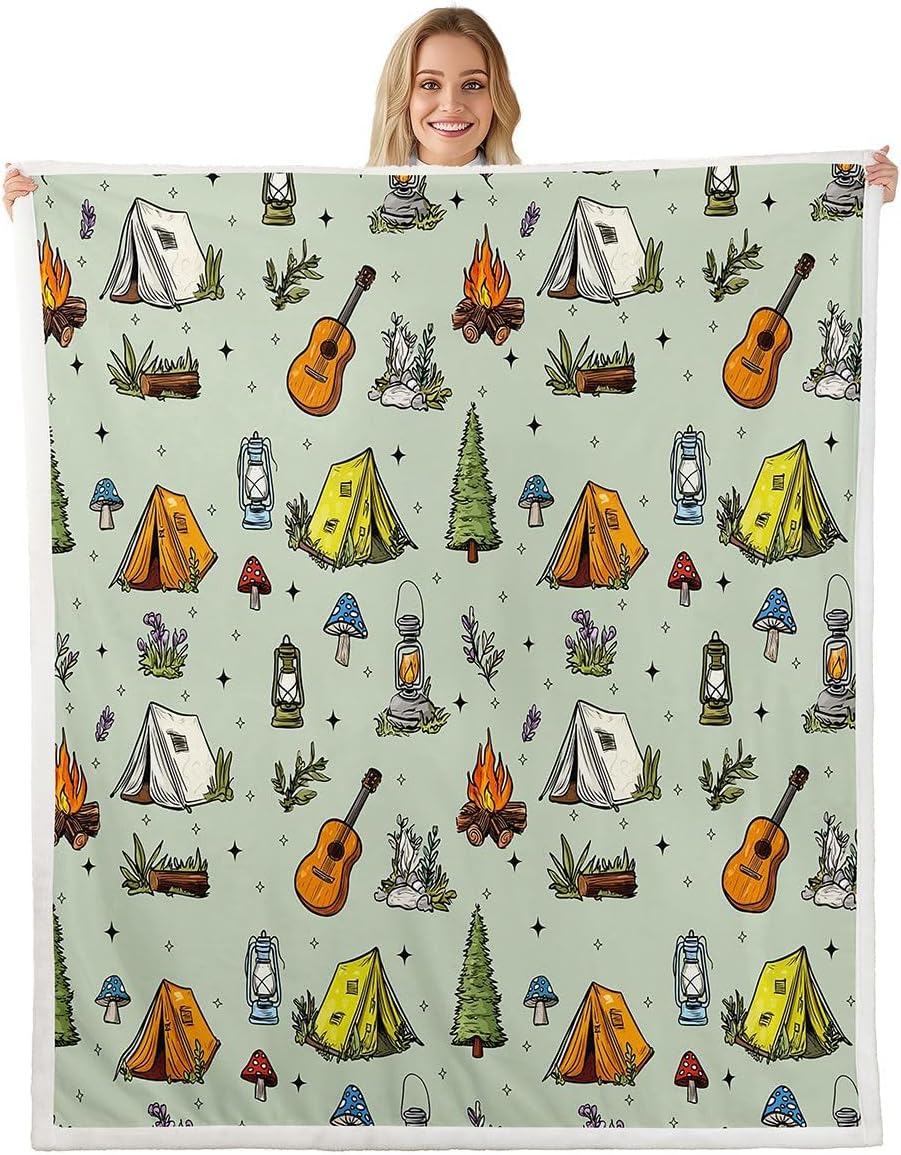 Feelyou Green Camping Camper Sherpa Throw Blanket for Couch Campfire Music Guitar Super Soft Cozy Fleece Happy Camping Blanket for Winter, Plush Throw Throw 50"x60" All Season