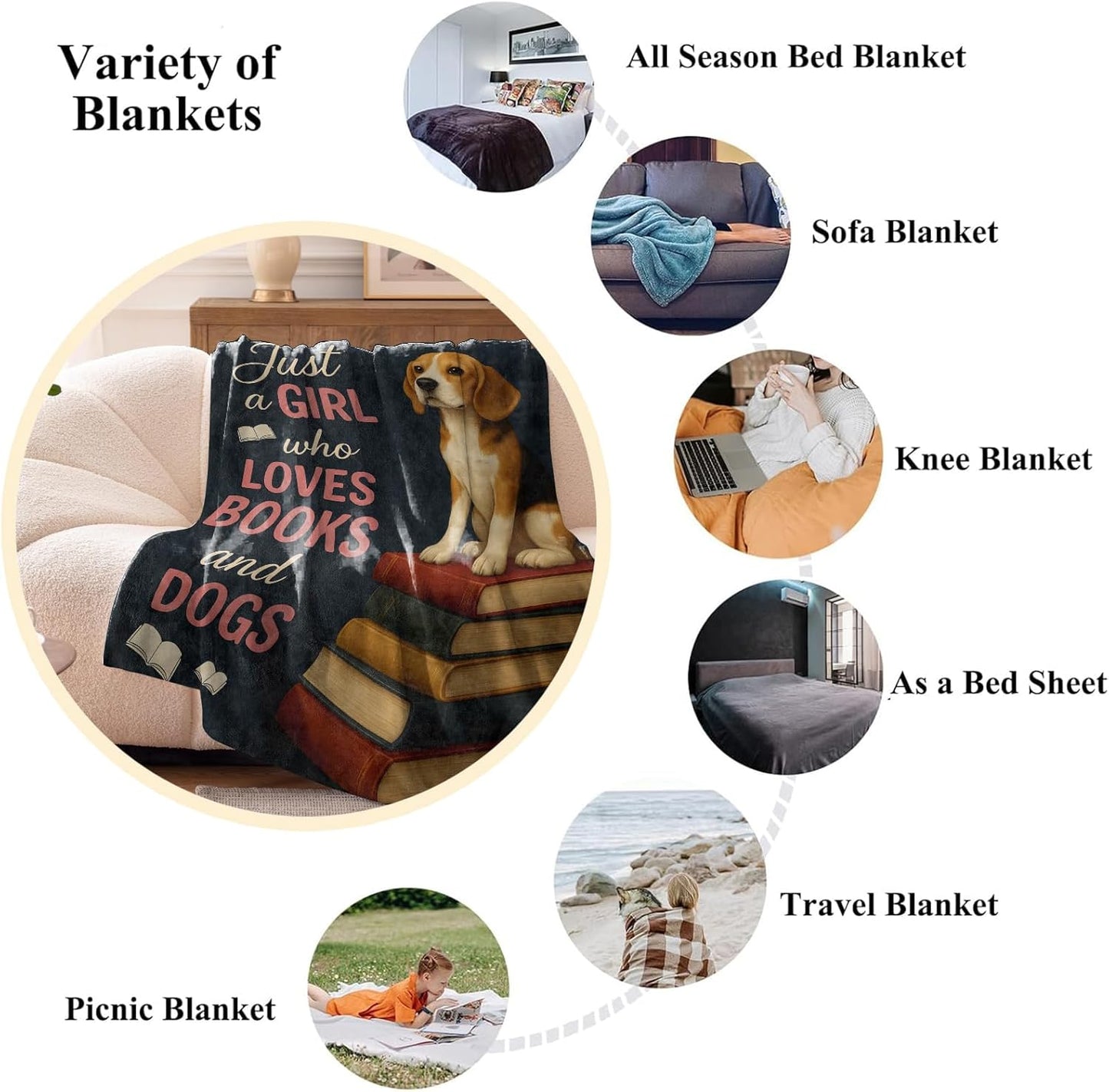 Just a Girl Who Loves Books and Dogs Blanket, Comfy & Warm Flannel Cute Beagle Throw Blanket for Couch, Gifts for Women Kids, Soft Fuzzy Lightweight Travel Bed Blankets for Decor 50"×60"