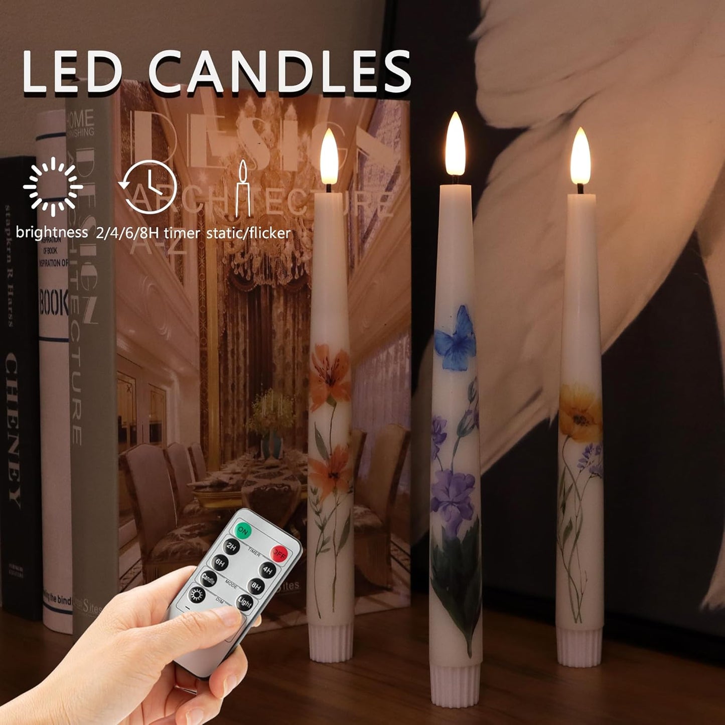 Spring Flameless Taper Candles with Flowers, 9.6" Real Wax LED Candles with Remote, 3 Pack Flickering Candlesticks Battery Operated, Fake Candle for Home, Wedding, Party Decor