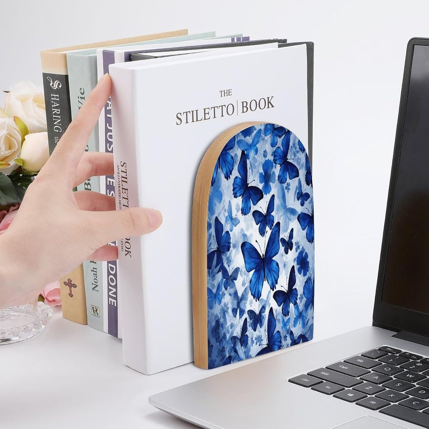 Blue Butterflies Bookend for Shelves Wooden Book End Large Size Sturdy Book Holders Stoppers with Metal Base for Bookshelves Slick Decorative Bookends Stands