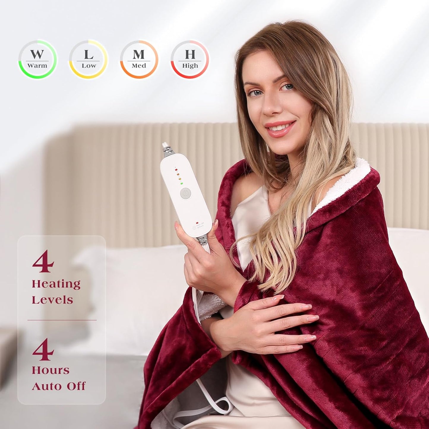 Electric Heated Throw Blanket 50" x 60", Soft Flannel Throw Blanket with 4 Heating Levels & 4 Hours Auto Off, Machine Washable for Home Office Use
