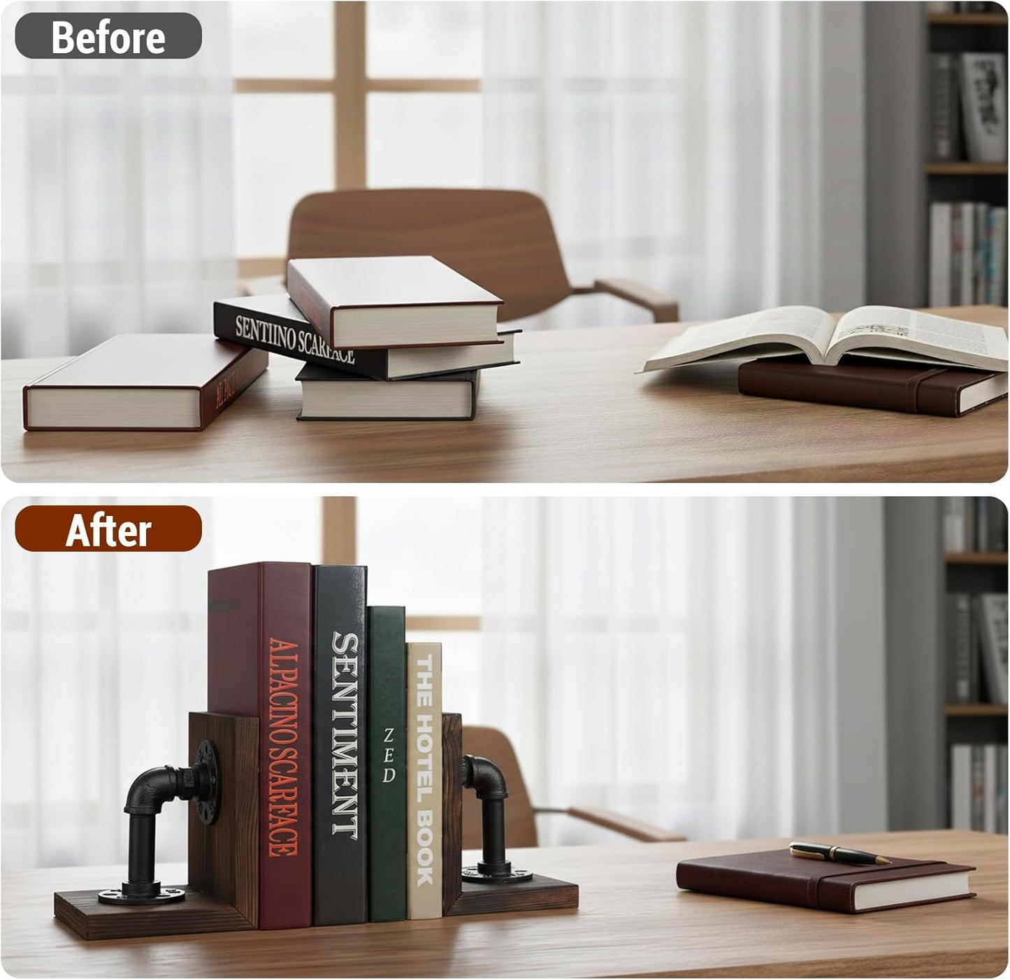 MyGift Book Ends Decorative, Bookends for Shelves, Metal Bookends for Heavy Books, Office Decor for Men, Wood Book Stopper, Realistic Industrial Pipe Design, Dark Brown
