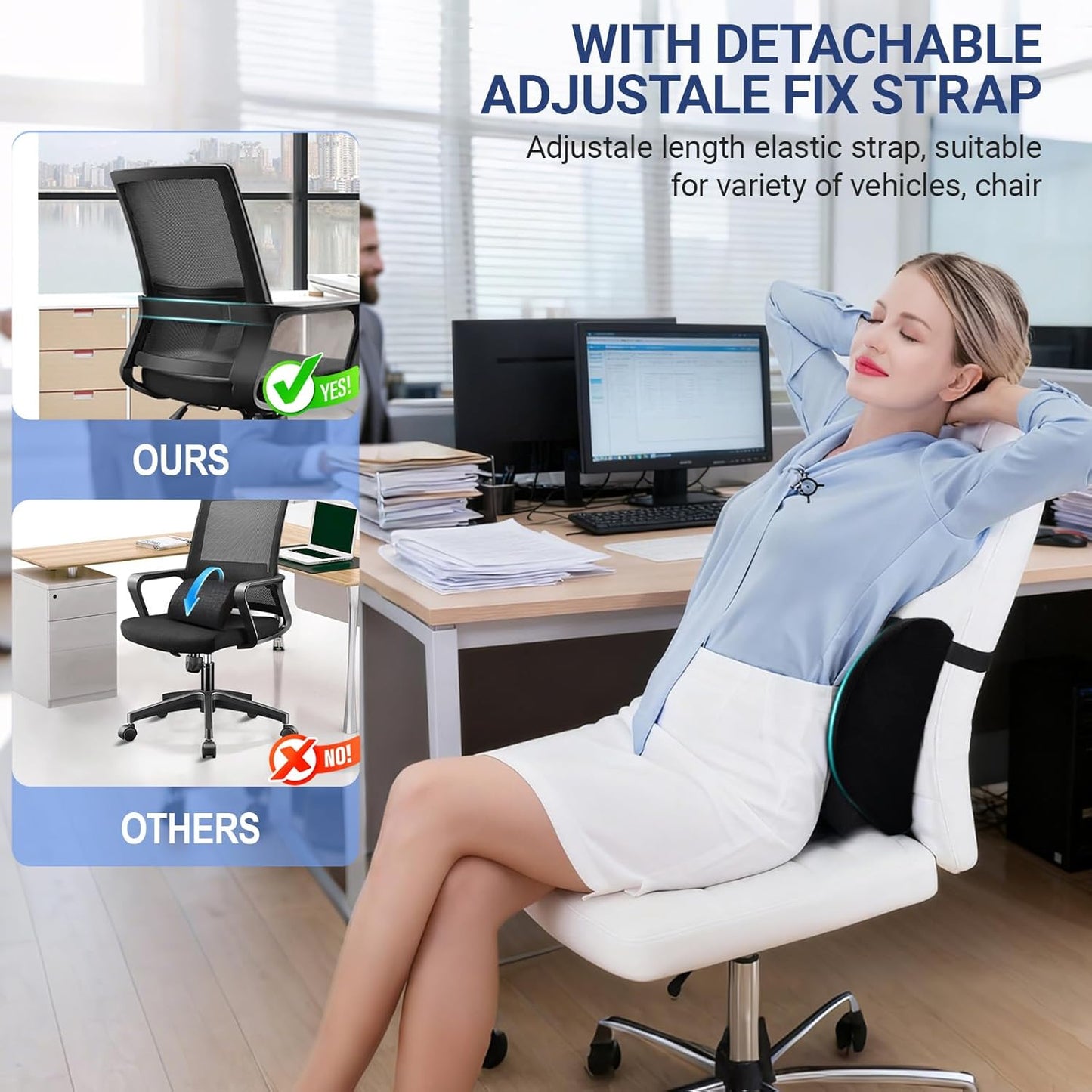 Lumbar Pillow with Adjustable Strap, Memory Foam Lumbar Support Pillow for Office Chair and Car Seat, Back Pillow for Lower Back, Back Support Pillow for Sitting, Driving, Traveling