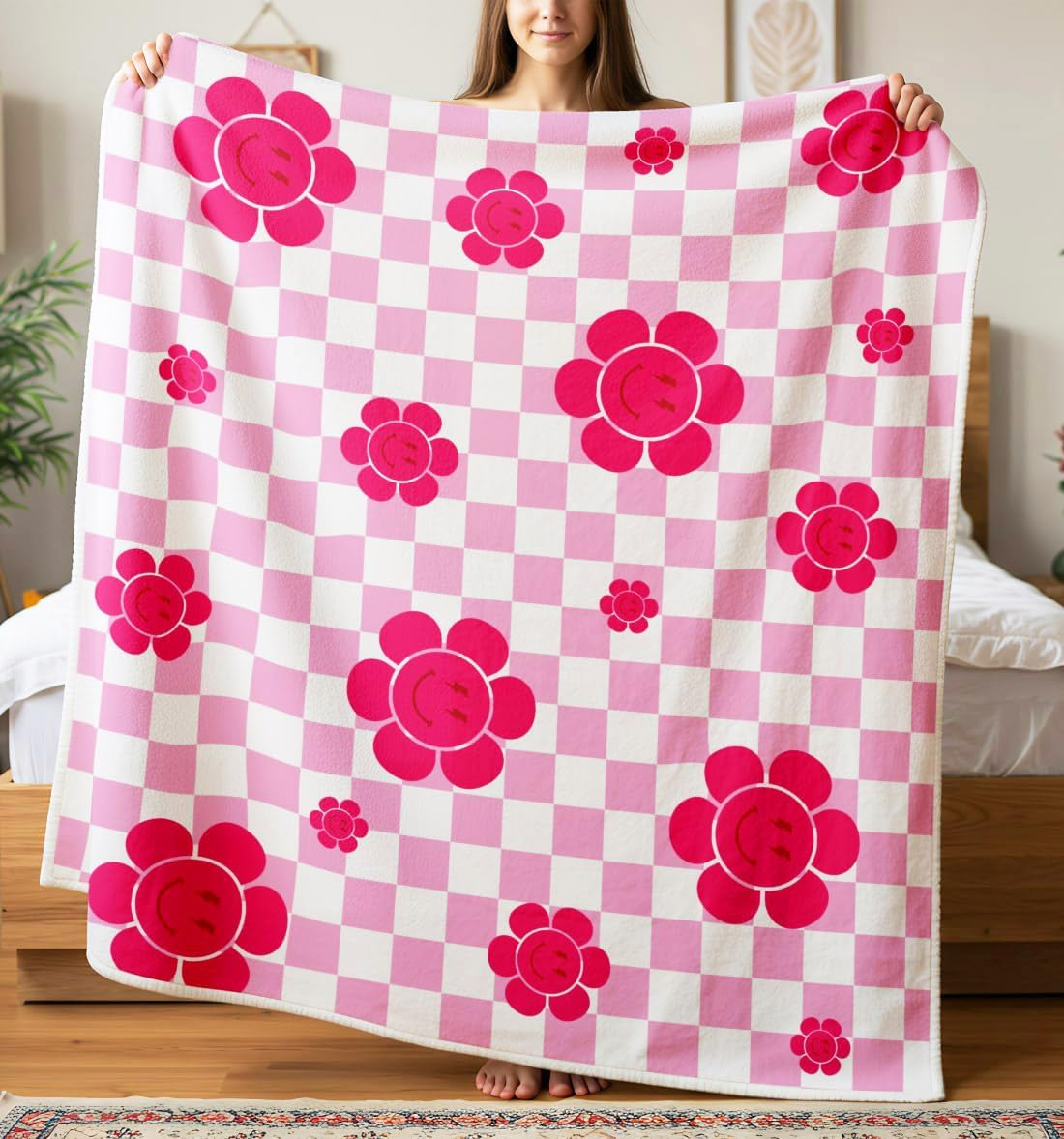 MINI ZOZI Pink Preppy Throw Blanket 50x60 Smiley Face Retro Cute Soft Flannel for Teen Girls Blankets Bedroom Decor Birthday Gifts Pink White Checkered Accessories Stuff