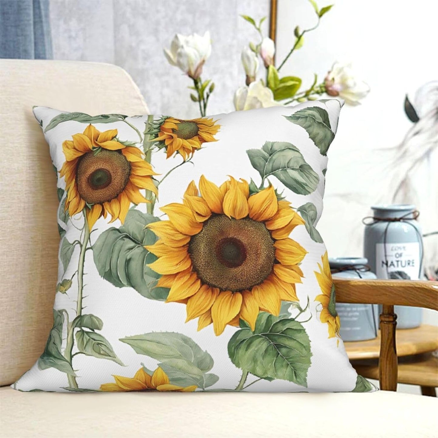 All-Season Square Pillow Covers 18"X18", Sunflower, Decorative Throw Pillow Covers for Sofa Bed Couch, Hidden Zipper Cushion Cover, Square Lumbar & Accent Pillowcases for Home Decor