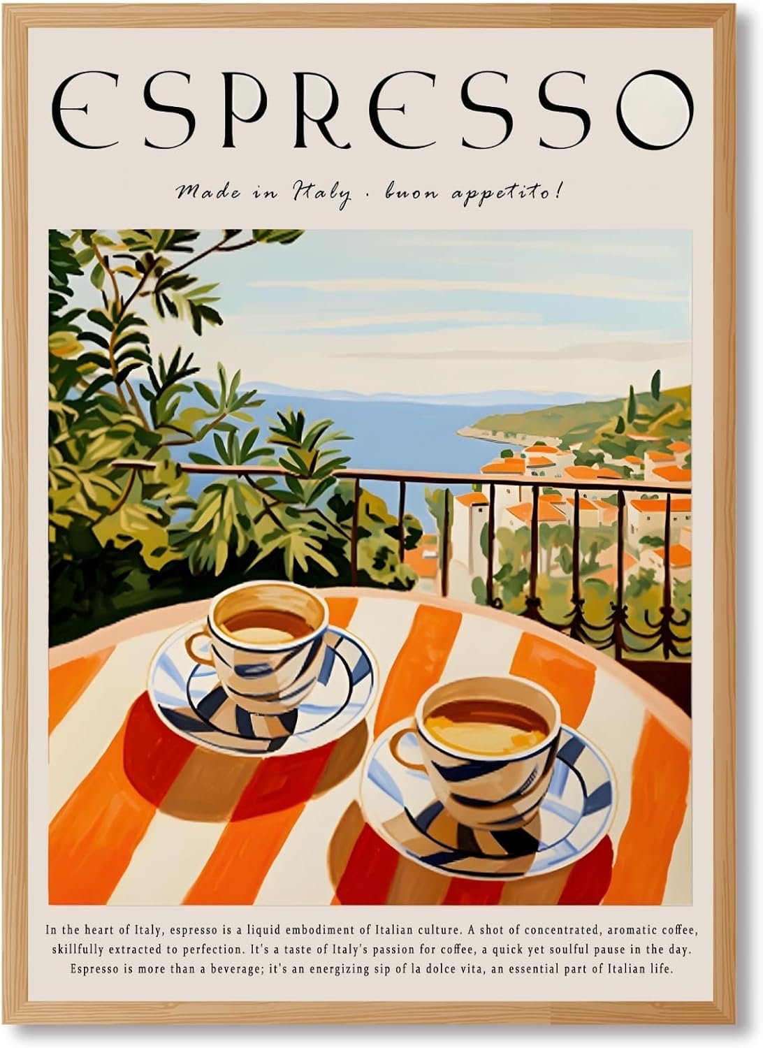 Trendy Espresso Coffee Wall Art Italian Coast Poster Breakfast Balcony View Canvas Print Vintage Cafe Wall Decor Aesthetics Italy Travel Painting for Kitchen Dining Room 16x24inch Wood Frame