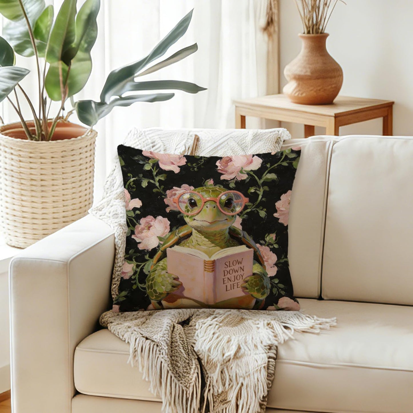 Pink Rose Inspirational Turtle Reading Pillow Cover 18x18, Gifts for Turtle Lovers, Book Lover Reader Gifts Decorative Throw Pillow Cover for Reading Nook Corner Room Library Home