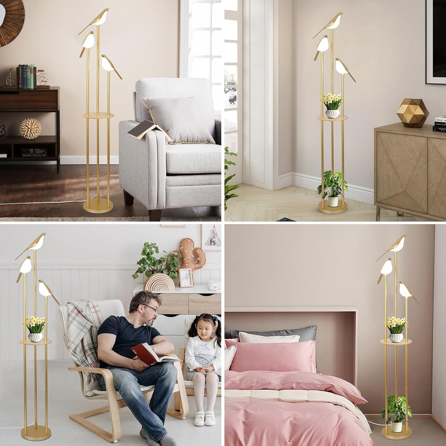 Gold Floor Lamps for Living Room, Modern Floor Lamp with Shelves, Mid Century Standing Lamp with 3 Adjustable LED Bird Lights, Corner Tall Lamp with Table, Brass Stand up Lamp for Bedroom Kids Room