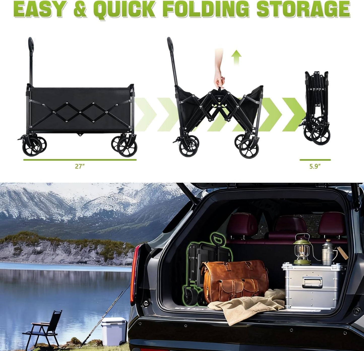 Collapsible Folding Wagon Cart with Wheel - 360LBS Heavy Duty Foldable Wagon Carts with All Terrain Wheels & breakes, Portable Lightweight Wagon Cart for Sports/Groceries/Camping/Fishing/Gardening