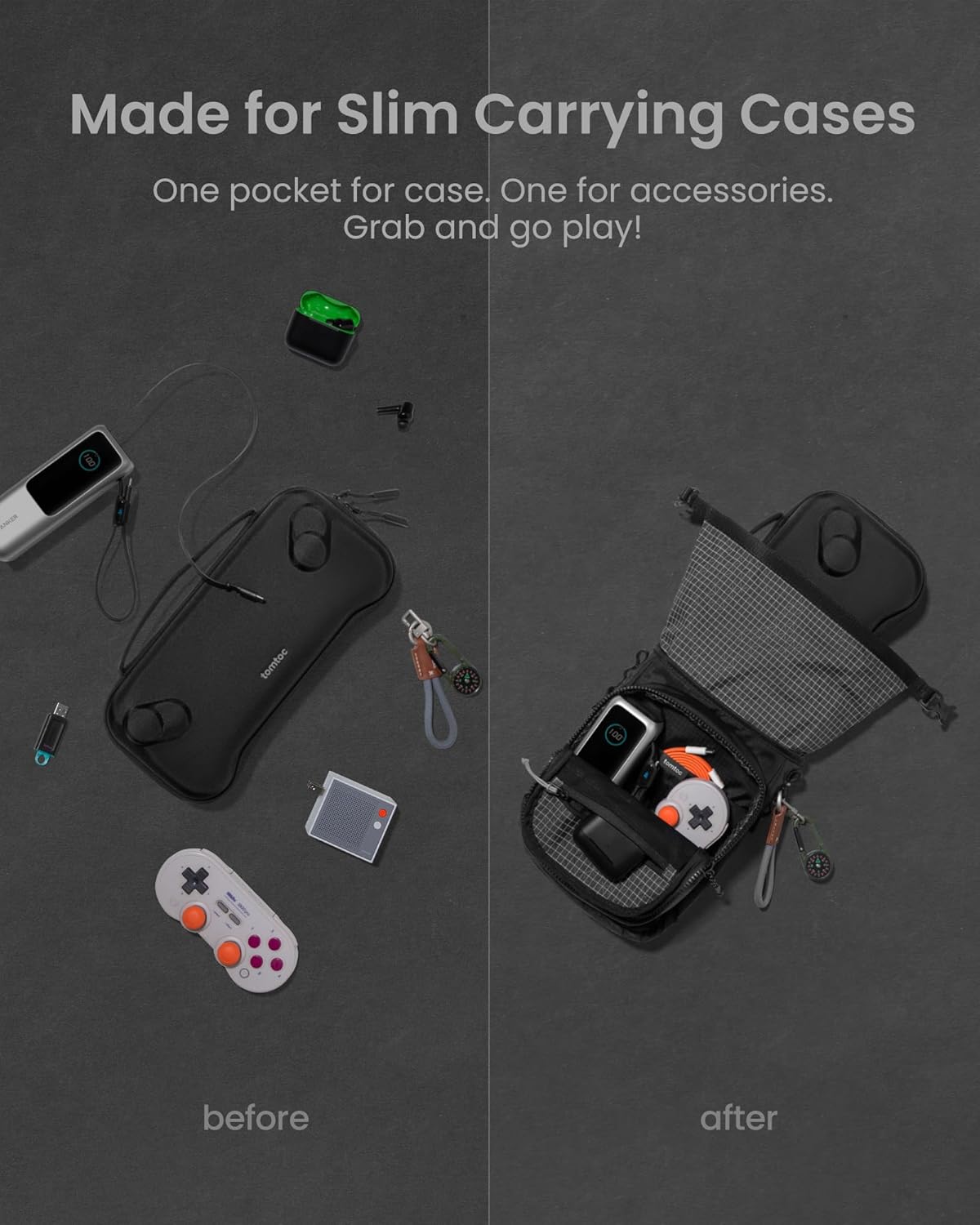 tomtoc Sling Bag for Handheld Gaming Console Slim Case, Crossbody Travel Carrying Pouch for Steam Deck, ROG Xbox Ally X, Switch 2, PS Portal Case, Roll-top Bag for Charging Cable & Accessories