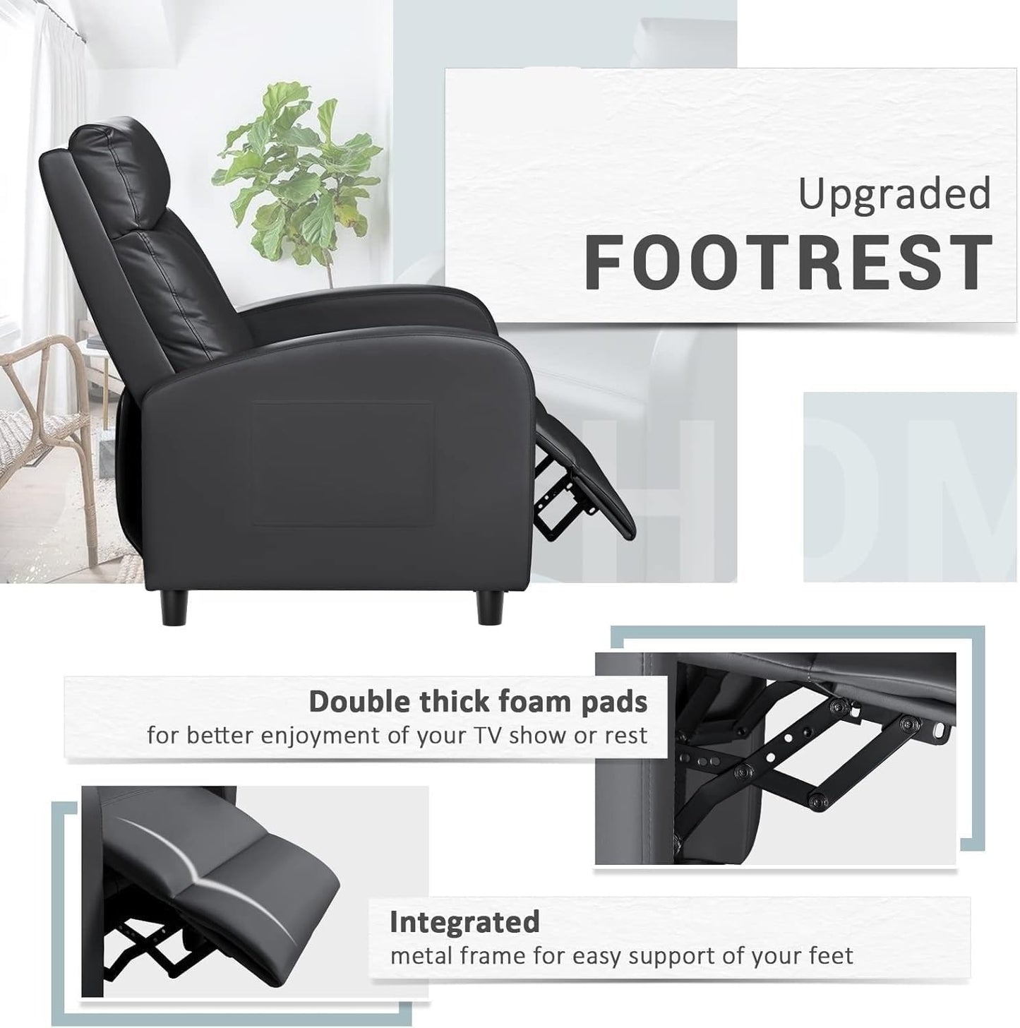 Leather Recliner Chair with Wider Armrests Lumbar Support Reclining Sofa Chairs for Adults Long Hours Sitting Living Room Home Theater Seating