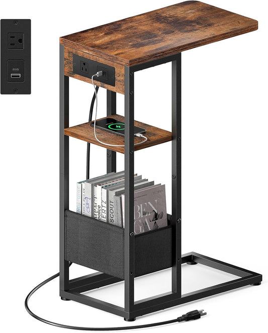 C-Shaped End Table with Charging Station — 3-Layer, Storage Bag, AC Outlet, USB Ports, Slide-Under Sofa Desk