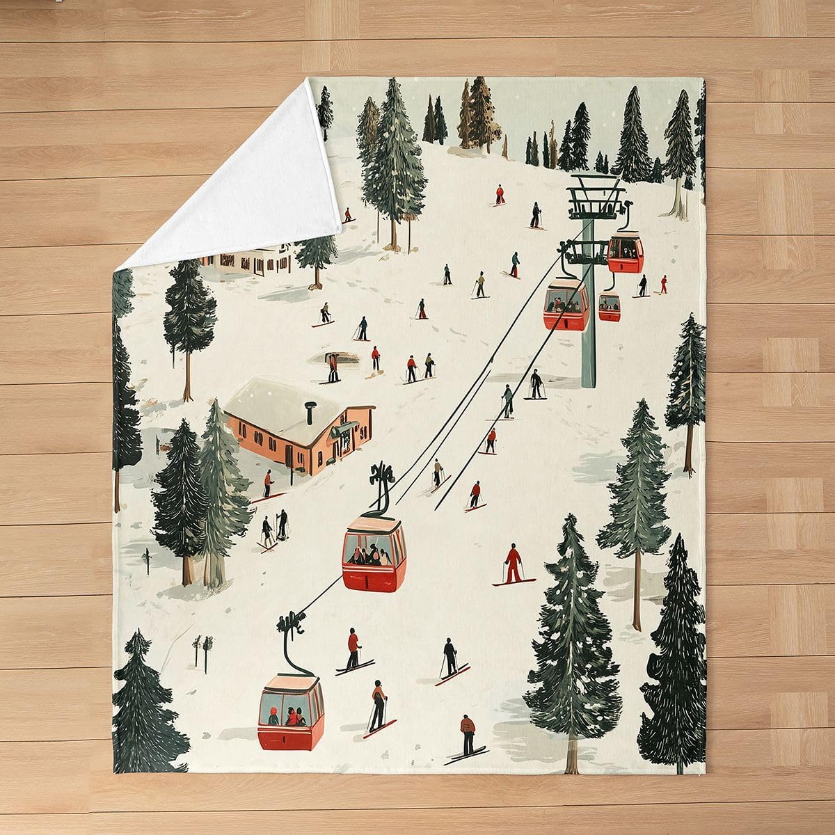 Castle Fairy Skiing Throw Blanket Throw 50x60 Cartoon Cable Car Green Pine Trees Fleece Blanket for Kids Teens Adults Winter Sports Ski Skis Flannel Blanket for Living Room Couch