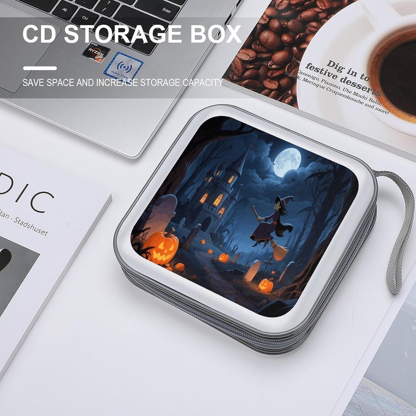 Orange Pumpkin Witch Scary Castle CD Case Portable Zipper CD Case 40 Capacity Hard Plastic DVD Cases Holder Large Storage Disc Wallet Bag for Car Home Travel DVD Collection Bag