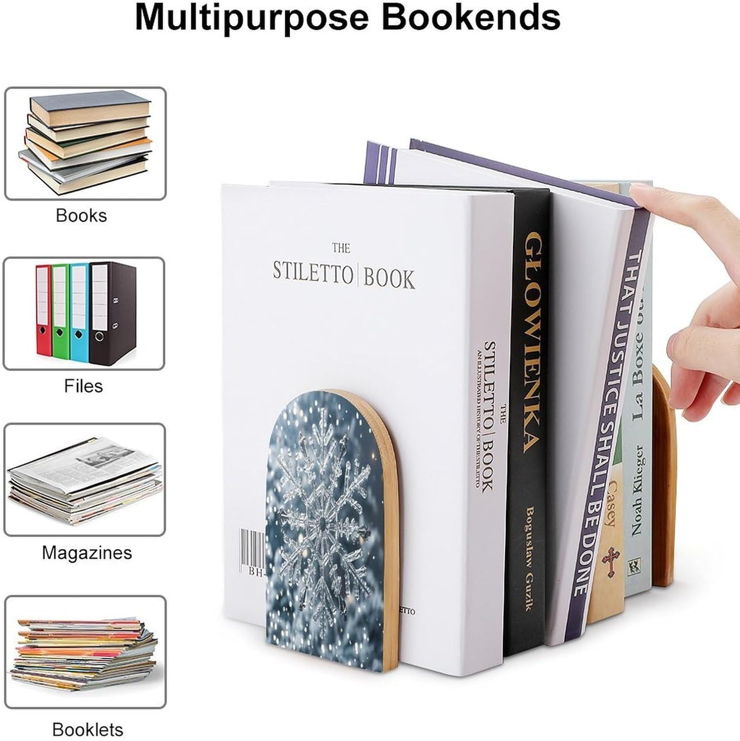 Transparent Snowflake Bookends 1 Pair Heavy Duty Book Ends for Shelves Non-Skid Bookend Supports Wooden Book Holders with Metal Base Desk Organizers Books Storage to Hold Books
