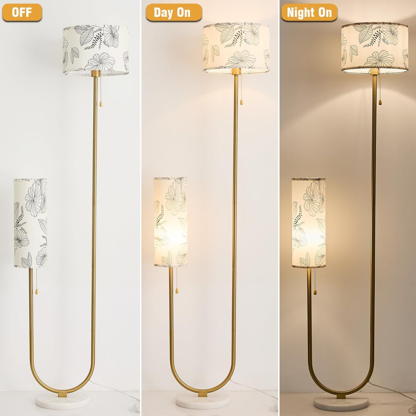 Floor Lamp for Living Room,Modern U-Shaped Standing Lamps with 2 Fabric lampshades, Rustic Farmhouse Tall Pole Light for Bedroom Corner Reading (Gold+White Shade)