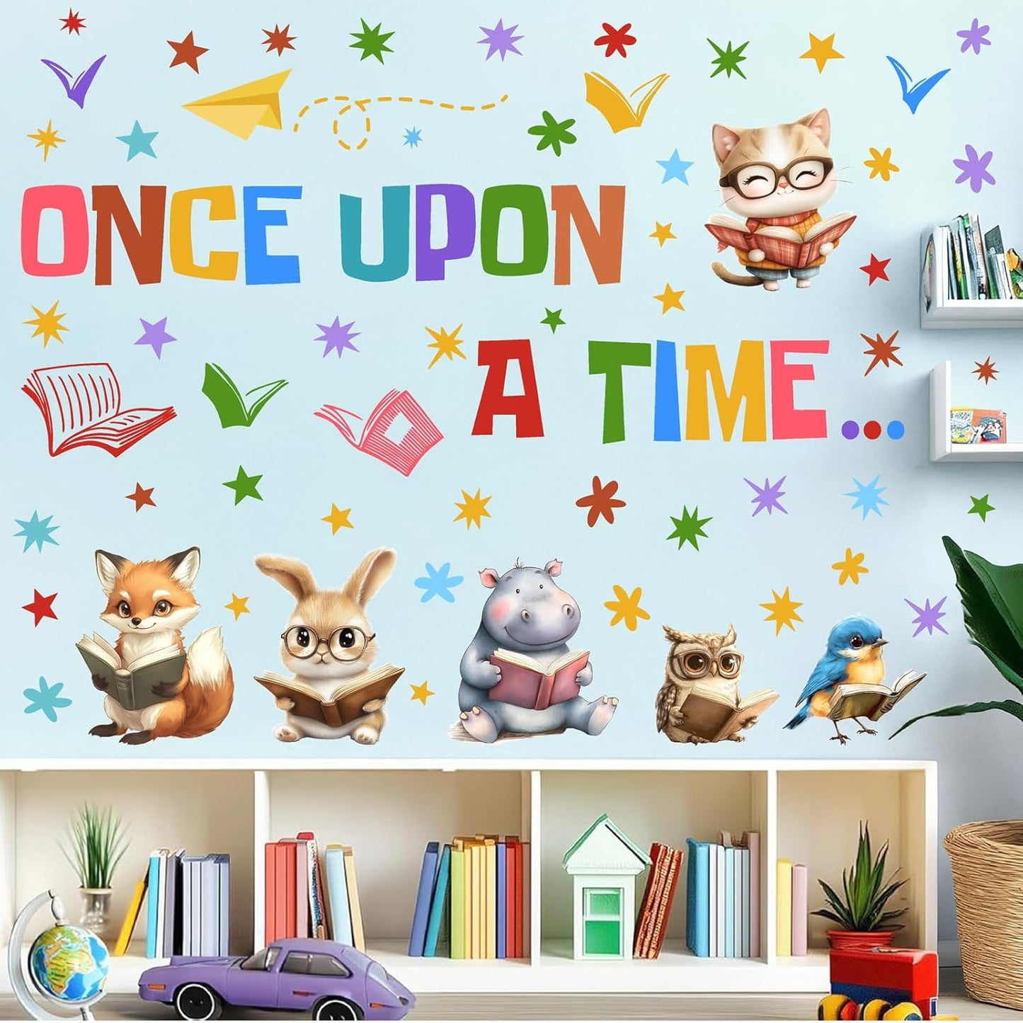 Reading Wall Decal Library Book Wall Stickers Story Read Book Animal Wall Decals Peel and Stick Reading Corner Wall Stickers for Nursery Kids Room Playroom Daycare Classroom School Decor