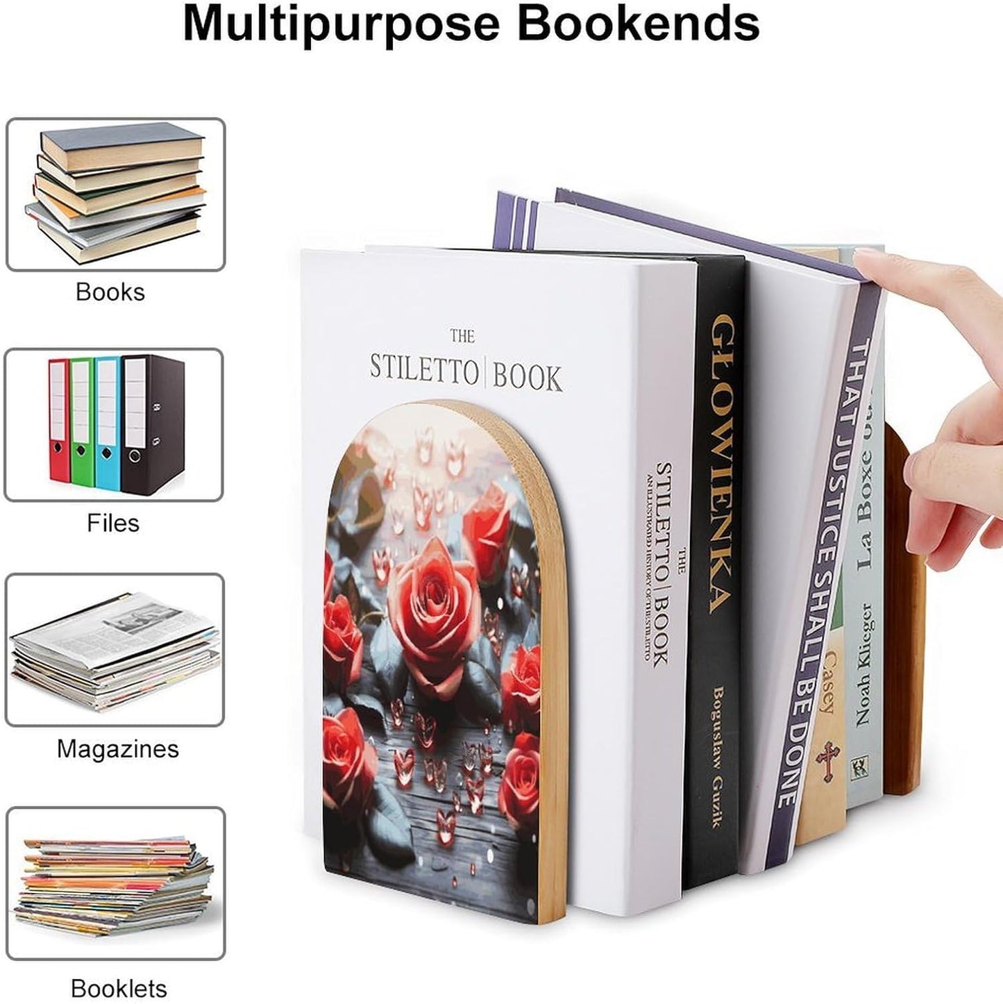 Romance Rose Flower with Heart Petal Wooden Bookend Non-Slip Book Ends Heavy Duty Book Stopper with Metal Base Books Holderd Decorative Bookends Stands Firmly for Office Supplies