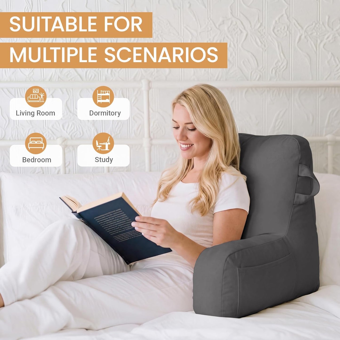 Portable Comfy Reading Pillows for Bed Sitting Up(Light Grey Oeko-Tex), Velvet Back Pillow with Arms & Pockets for Adults, Support Memory Foam Bed Pillow for Dorm/Reading/Watching/Gaming