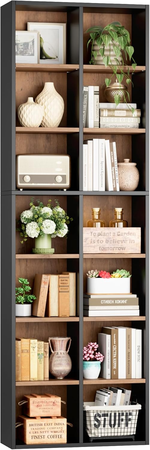 FOTOSOK 71'' Tall Bookshelf with 14 Cubes, 7 Tier Double Wide Wood Bookshelf with 6 Adjustable Shelves, 19.6" Narrow Bookcase DVD/CD Media Storage, Space Saving Display Shelf Cabinet, Black/Brown