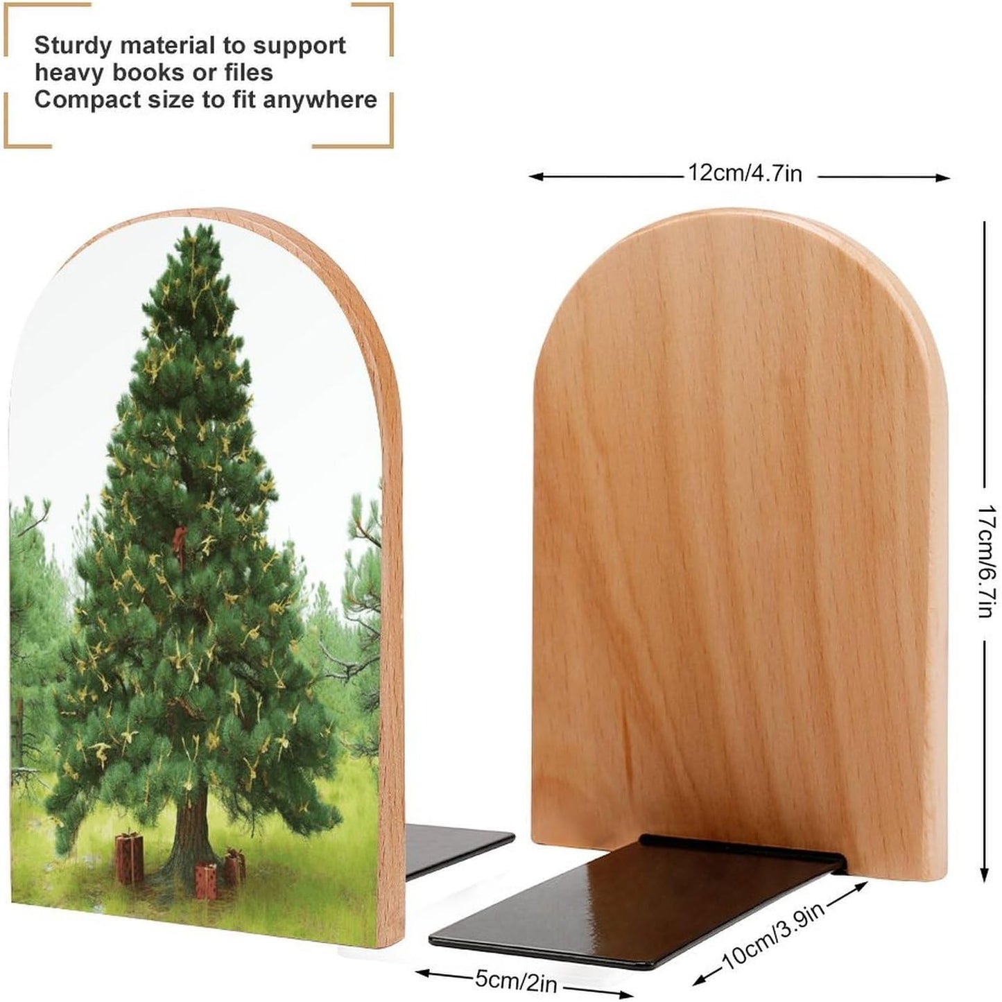Garlad Pine Tree Bookend for Shelves Wooden Book End Large Size Sturdy Book Holders Stoppers with Metal Base for Bookshelves Slick Decorative Bookends Stands