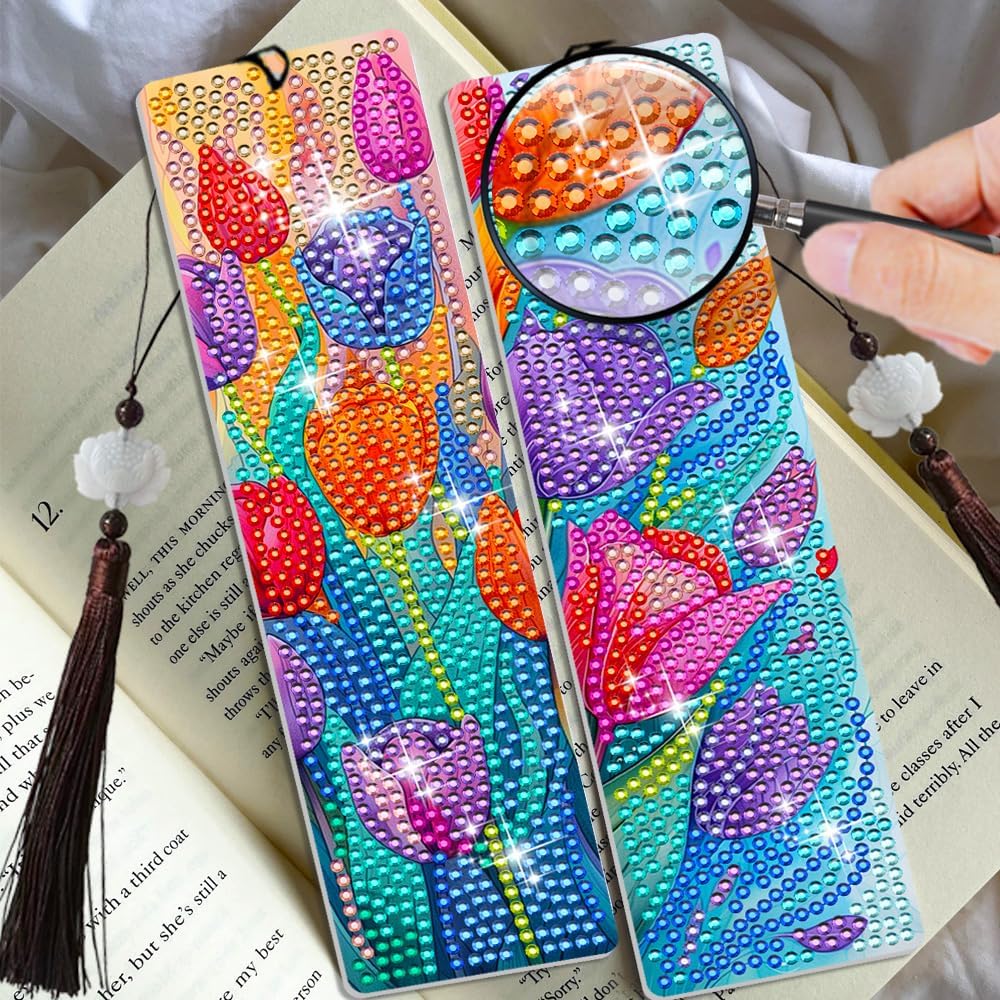 6 PCS Diamond Art Bookmarks Tulip, DIY Acrylic Diamond Painting Bookmarks Kits for Adult Reader and Crafts Lovers