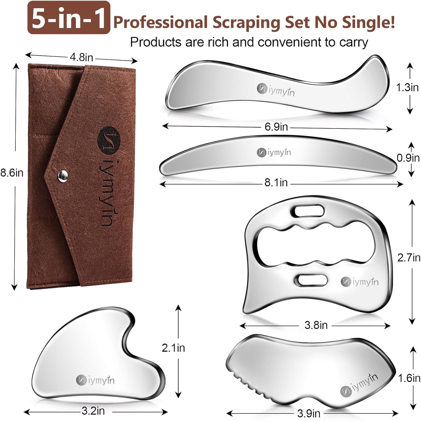 5-in-1 Stainless Steel Muscle & Fascia Scraper Tool Set, For Body Skin Massage and Sore Muscles, Myofascial, Iastm Tools, Soft Tissue Mobilization Tools, Full Body Gua Sha Kit, Great Gift Idea for Her