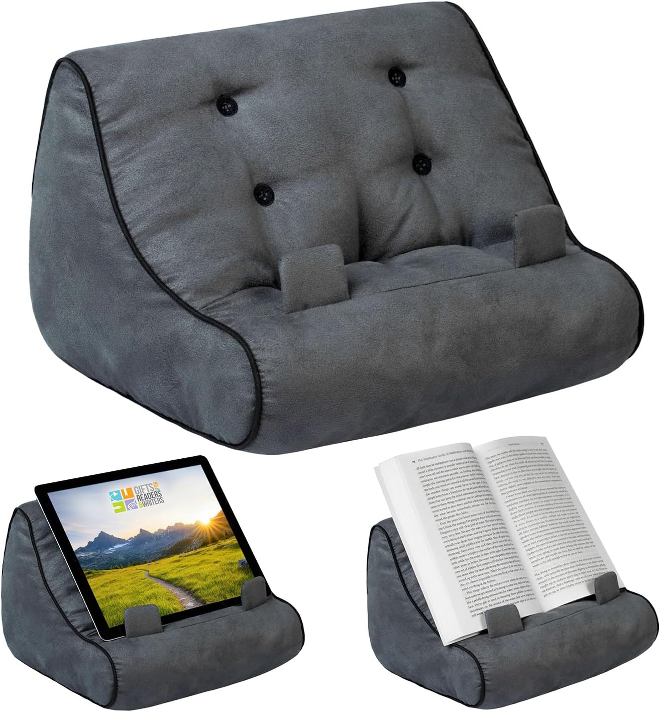 Gifts for Readers & Writers Tablet & Book Stand, Soft Reading Pillow, Book Holder with Pockets for Storage, Suitable for eReader/iPad/Kindle or Galaxy Devices, Book Couch Gray