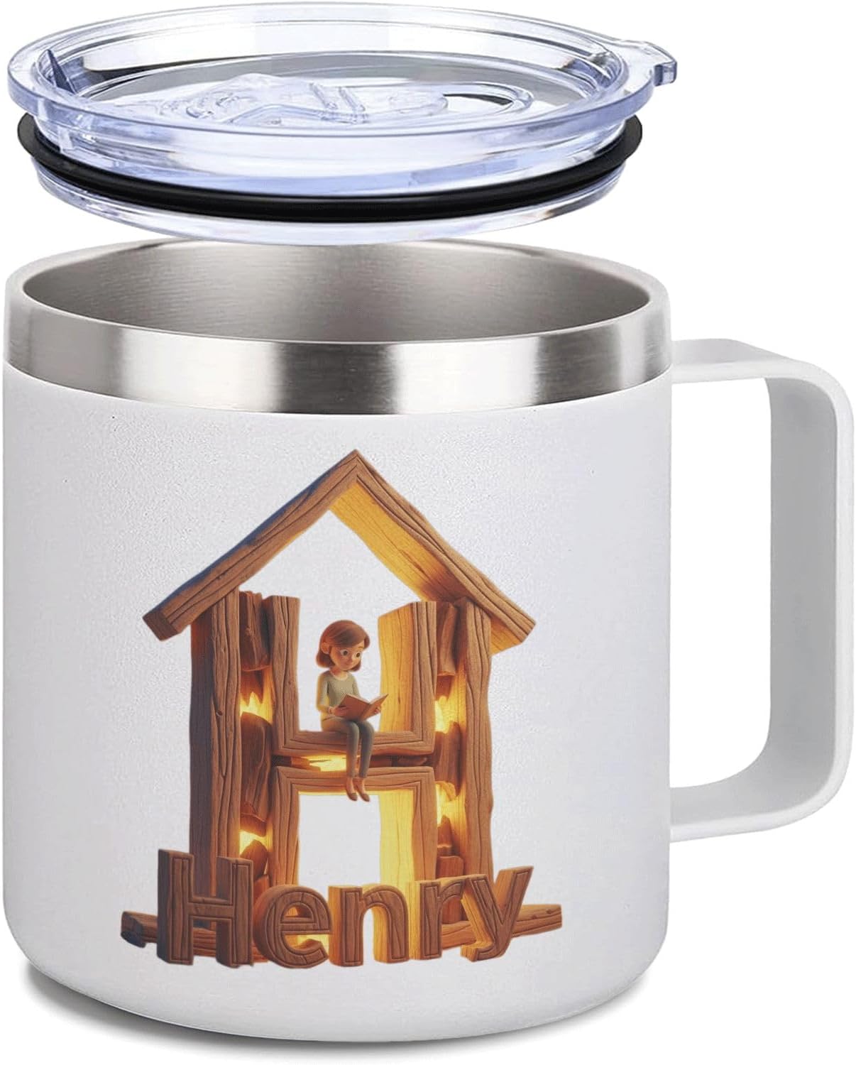 Personalized Book Lover Mug with Custom Name Initial H - 14oz Insulated Stainless Steel Coffee Cup with Handle and Lid - Cozy Reading Nook Design Gift for Readers, Bookworms