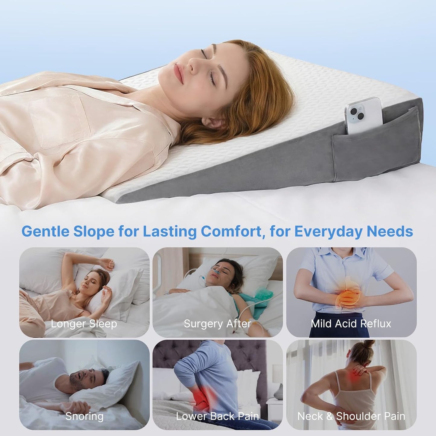 Vekkia 24" x 24" x 5.5" Bed Wedge Pillow for Sleeping – Triangle Pillow for Sleep Apnea, Acid Reflux, Snoring & Back Support, Post-Surgery Recovery, with Pockets & Washable Cover