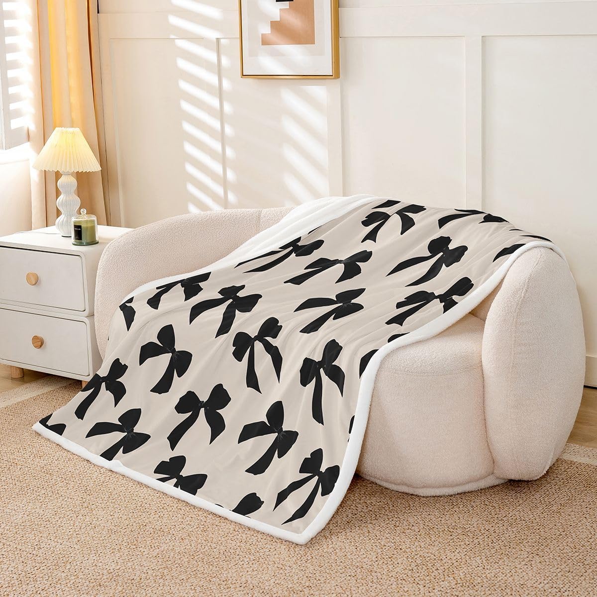 Feelyou Bow Sherpa Throw Blanket for Couch Elegant Super Soft Cozy Fleece Kawaii Bow Blanket for Winter, Plush Throw Black Throw 50"x60" All Season