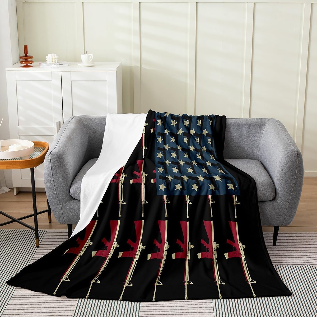 American Flag Bed Blanket Twin 60x80,Vintage Soldier Guns Blanket Military USA National Flag Throw Blanket Shooting Weapon Fleece Blanket Retro Army Weapons Stars and Stripes Theme Flannel Blanket