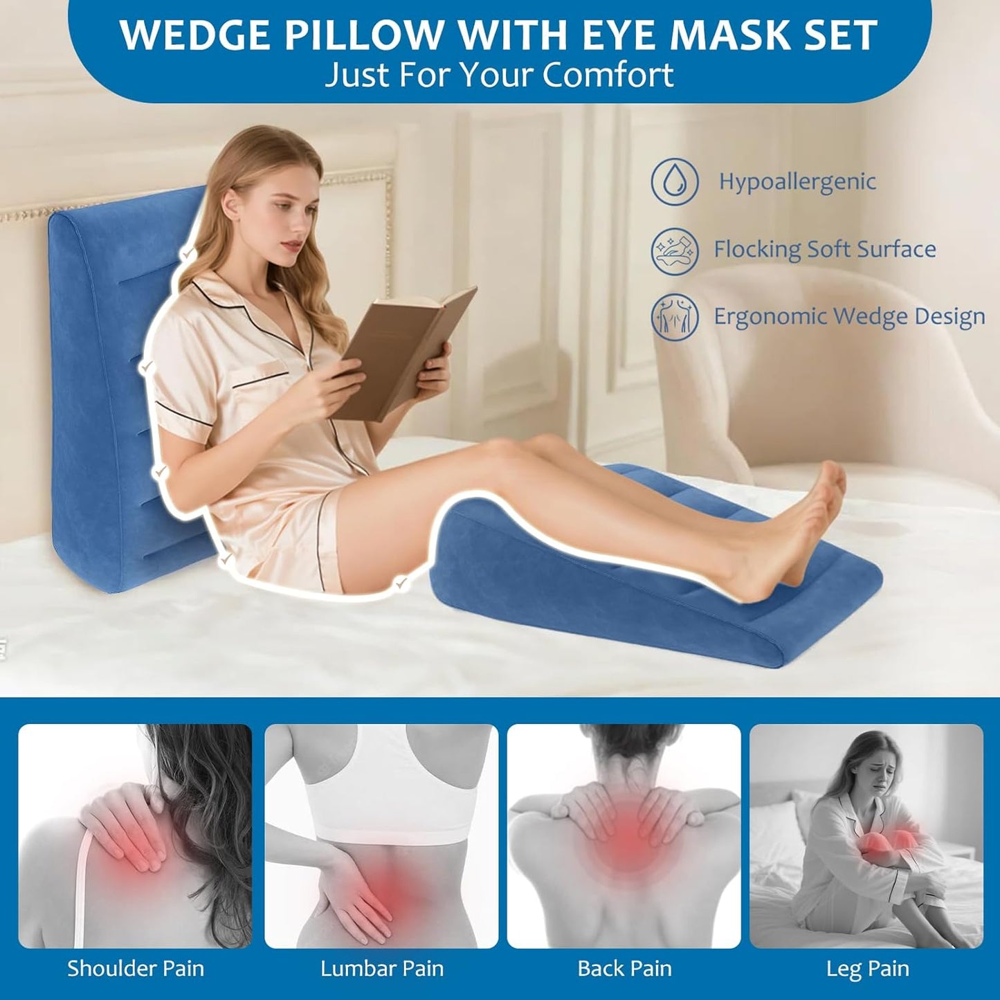 TheClover Inflatable Travel Wedge Pillow Portable -with Sleep Eye Mask for Side Sleeper Comfort,Inflatable Triangle Back Support Pillow for Reading, Relaxing & Sleeping,Blue