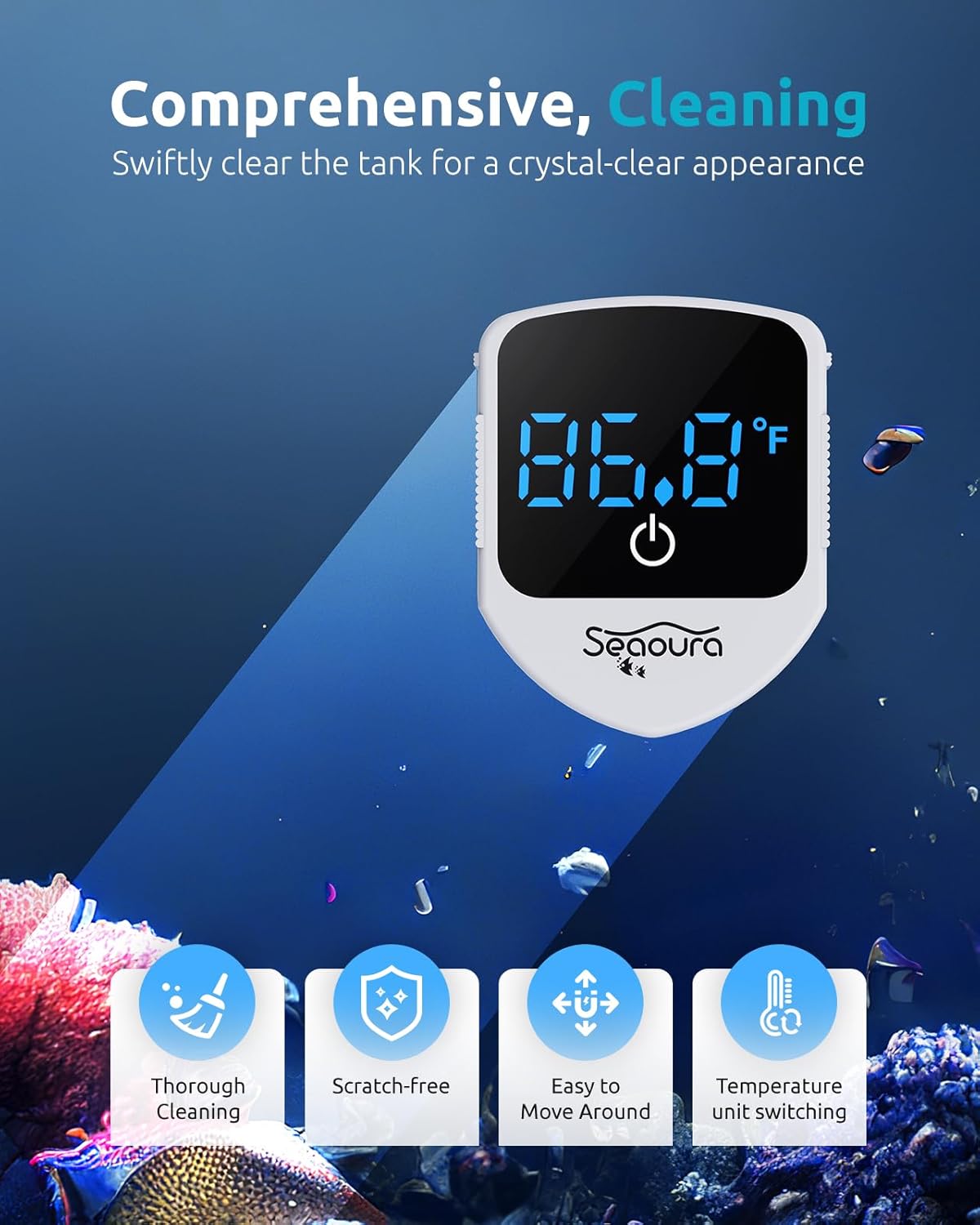 SEAOURA 2-in-1 Aquarium Magnetic Cleaner with Digital Aquariums Thermometer, Fish Mini Magnets Brush only for Glass Tank,Tiny Magnet Floating Cleaning Tool for 1-30 Gallons