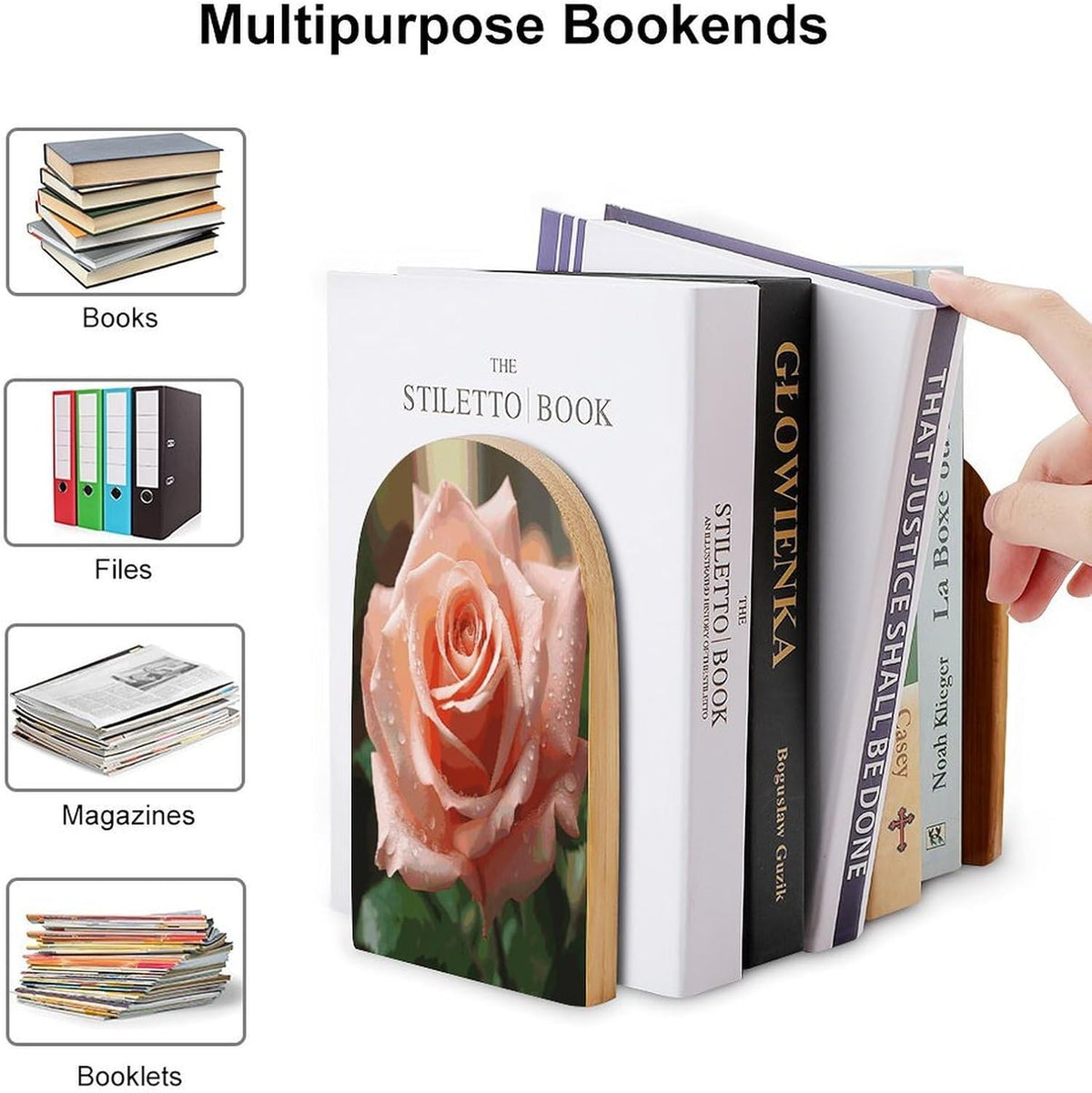 Rose Flower Pink Wooden Bookend Non-Slip Book Ends Heavy Duty Book Stopper with Metal Base Books Holderd Decorative Bookends Stands Firmly for Office Supplies