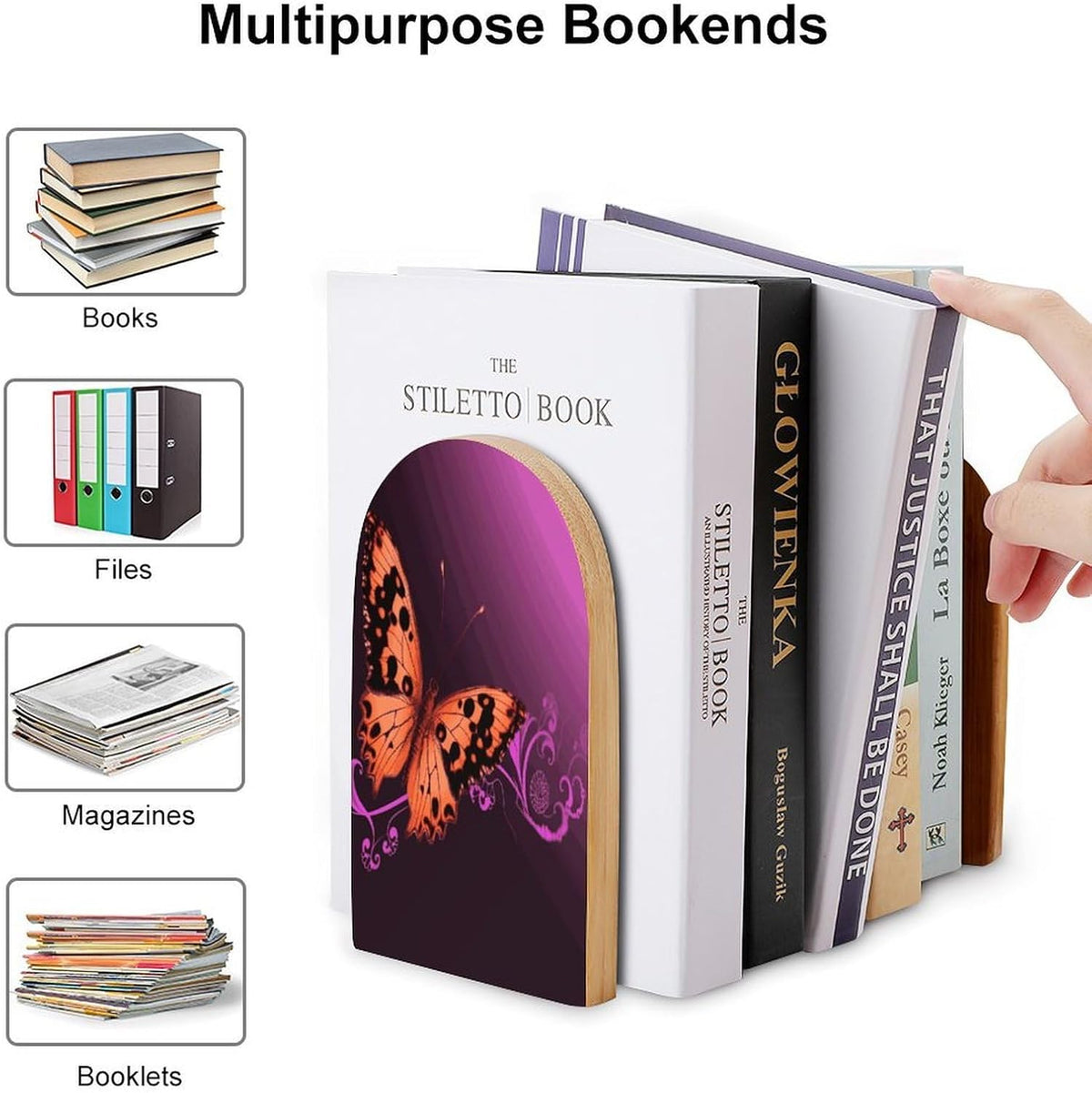 Non-Slip Bookend for Shelves Nice Butterfly Wooden Bookends with Metal Base Decorative Book Stopper for Home Heavy Duty Wood Book Storage for Books/CDs