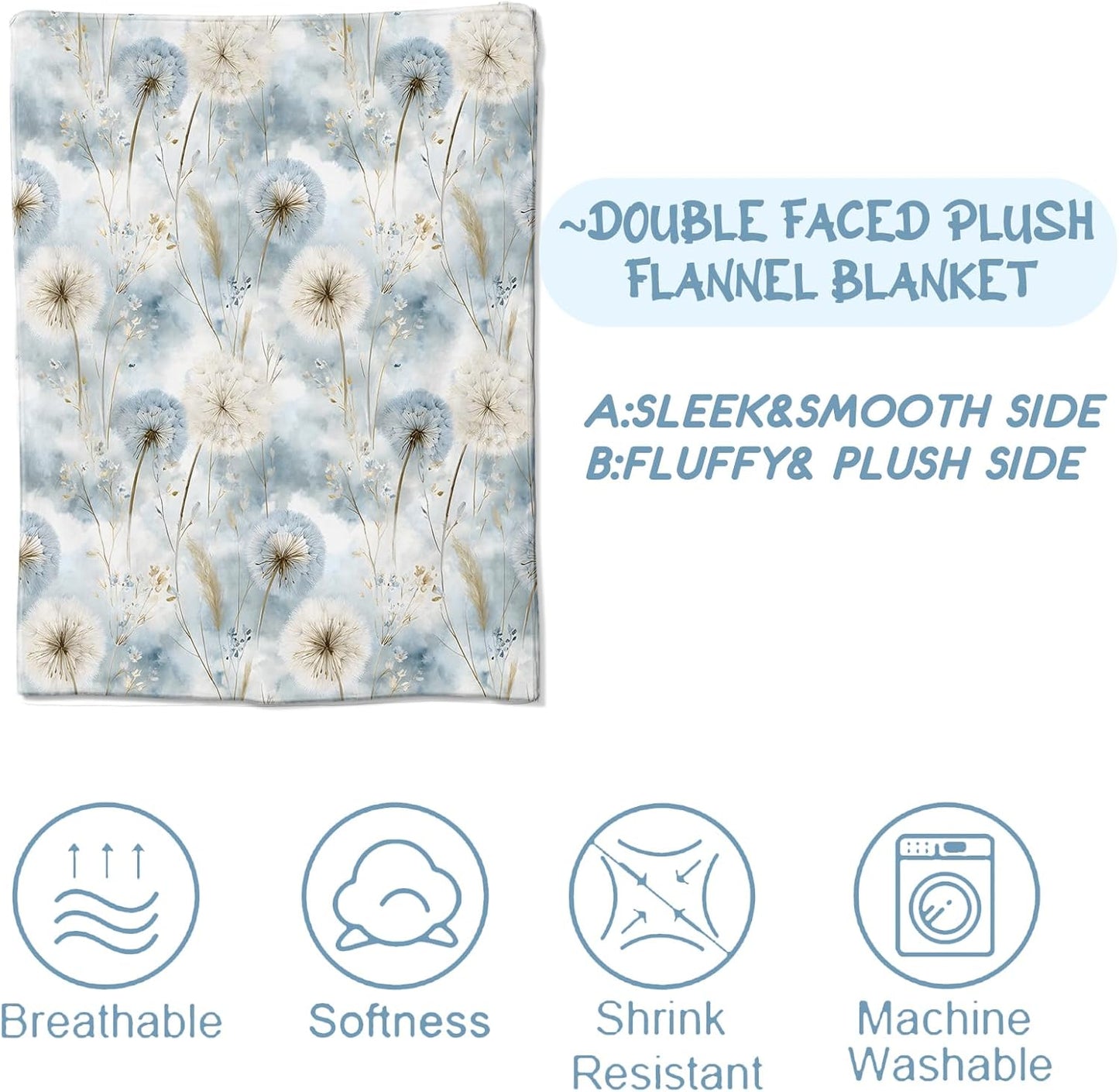 Elegant Dandelion Fleece Blanket, Soft Throw with Floral Botanical, Lightweight Cozy Blankets for All Seasons, Nature Watercolor Home Decor and Gifts for Flower Lovers, 50x60 Inch