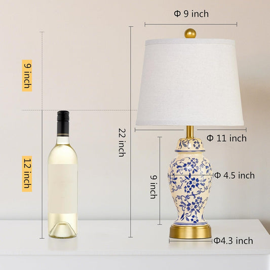 RORIANO Chinoiserie Ceramic Table Lamps Set of 2 for Living Room Bedroom Bedside, Traditional Blue Porcelain Classic Table Lamp for Nightstand Entryway, 2 LED Bulbs Included (Gold)