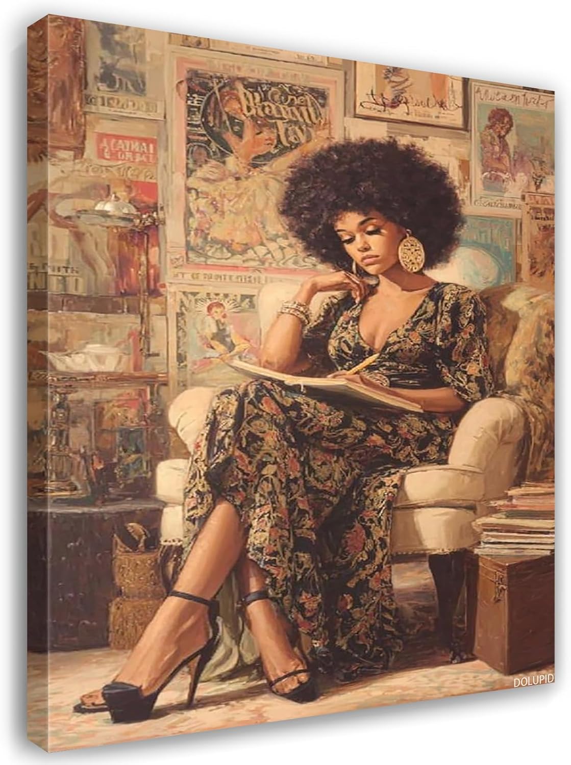 Beautiful African Woman Sitting on Sofa and Reading a Book Poster Prints Office Bathroom Room Decor Wall Art Aesthetic Canvas Paintings Frame-Style 08x10inch 20x25cm