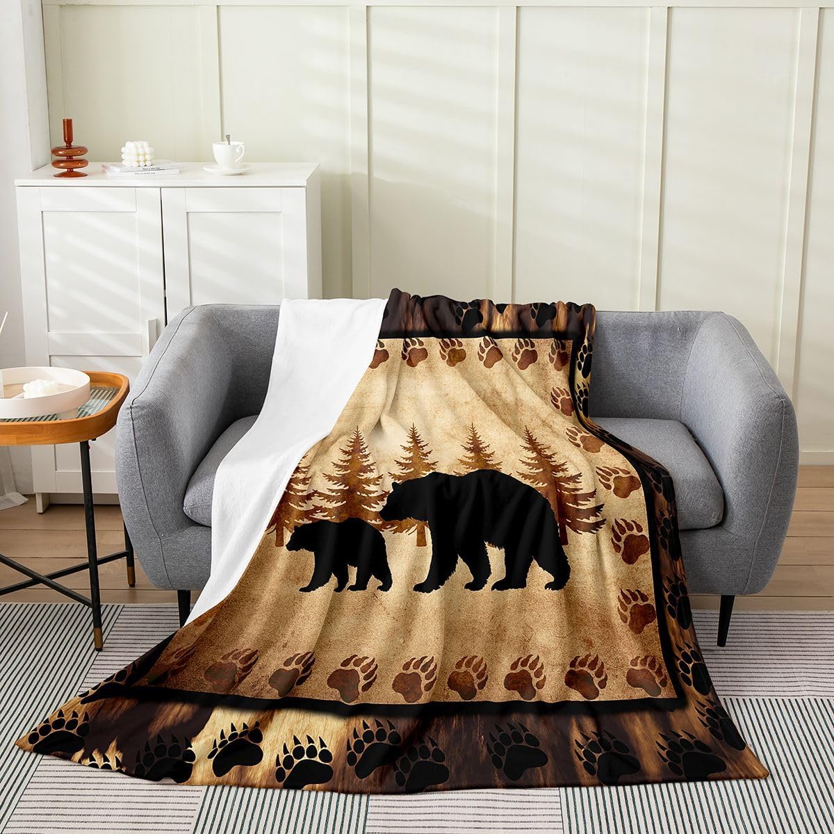 Feelyou Bear Flannel Fleece Throw Blanket, Wild Animal All Season Bed Blanket Nature Wildlife Bear Fuzzy Blanket for Bed Sofa Couch, Rustic Cabin Country Bedroom Decor Plush Blanket 40"x50"